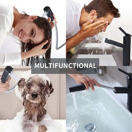 KAIYING Bathroom Pull Down Vessel Sink Faucet, Lavatory Single Hole Basin Sink Faucet with Pull Out Sprayer, Single Handle Utility Mixer Tap with Rotating Spout (Tall, Black)