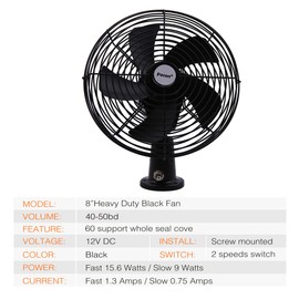 Facon 12V RV Cooling Fan with 2 Speed Switch, Dia: 8-3/4’’, Heavy Duty Black Metal Car Fan, for Auto Truck, RV, Camper, Trailer, Car, Buses and Boats