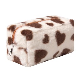 OZAOZ Checkered Makeup Bag Plush Cosmetic Bag Asthetic Plaid Handbags Cute Zipper Travel Toiletry Bag Soft Storage Pouch Pencil Case Bag for Women Girls (Heart-Brown)