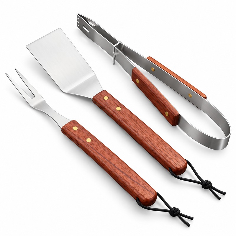 3-Piece Stainless Steel BBQ Tool Set with Rosewood Handles –