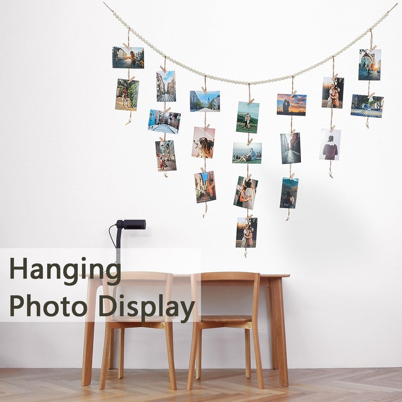 Boho Style Hanging Photo Display with 30 Clips for Bedroom,