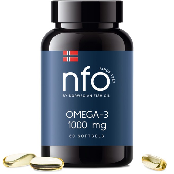 NFO Omega 3 1000 mg [60 Kapseln] Norwegisches Fischöl bildet EPA und DHA, enthält Triglyceride und Vitamin E Natürlicher hochdosierter Komplex aus frisch gefangenem Wildfisch Hergestellt in Norwegen