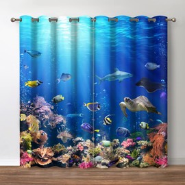 Jekeno Ocean Animal Blackout Curtains Underwater World Sea Turtle Shark Coral Fish Nature Landscape Print Decor Bedroom Living Room Darkening Grommet Window Drapes 2 Panel Set,Blue 52"x 63"