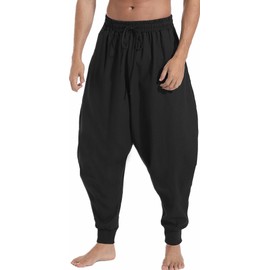 perdontoo Mens Harem Pants Casual Drawstring Aladdin Hippie Cotton Drop Crotch Trouser (42, Black)