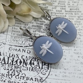FANCY FOX BOUTIQUE Blue White Dragonfly cute Silver  Boutique French Wire Cameo Earrings Wedding