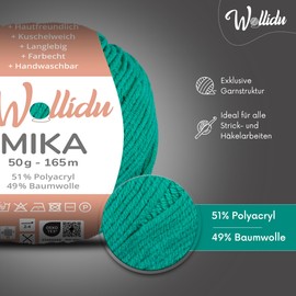 Wollidu Mika 51% Polyacrylic, 49% Cotton for Crochet and Knitting, 10 x 50 g/165 m, Oeko-Tex Knitting Yarn, Crochet Yarn - Jade