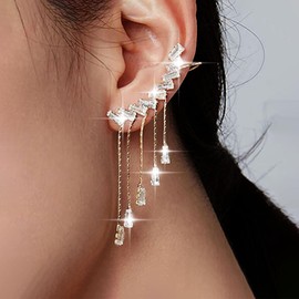 Jugielu Rhinestones Cuff Wrap Earrings Crystal Ear Cuff Crawler Earrings Long Rhinestone Tassel Chain Earrings Gold Crystal Crawler Climber Earrings Chandelier Drop Earrings Jewelry for Women