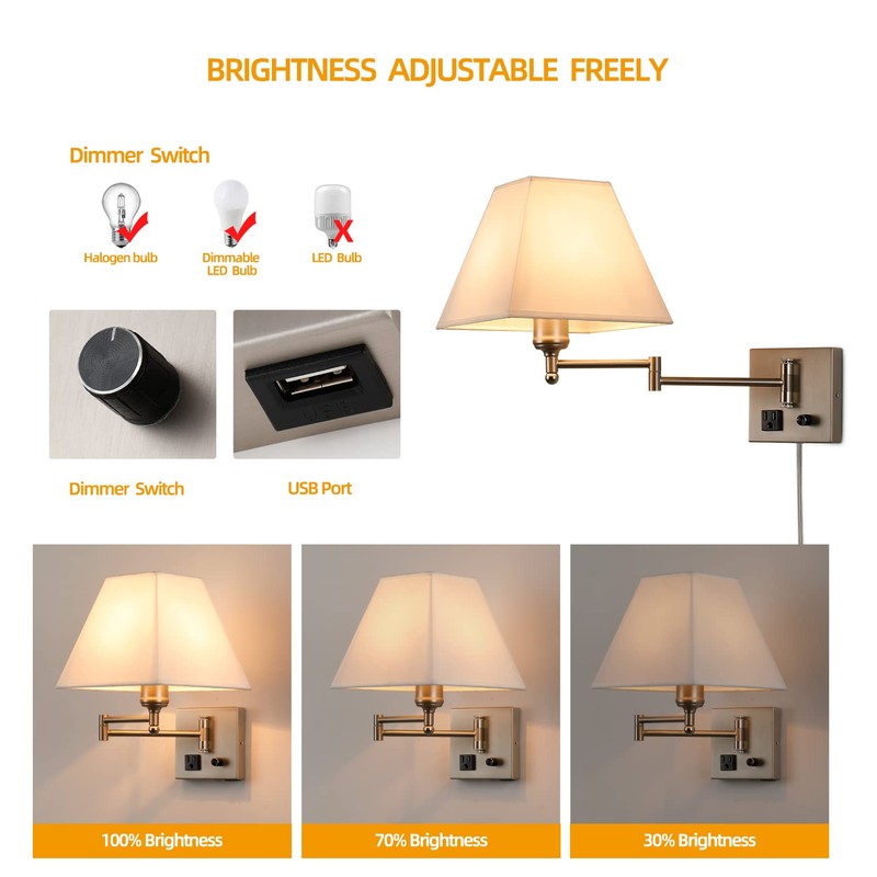 Plug in Wall Light,Swing Arm Wall Sconces with USB Port