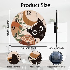 CHGCRAFT 12inch Black Cat Wall Clock Branches and Leaves Battery Operated Silent Non Ticking Bohemian Graphics Round Clock for Office Home Kitchen Decor