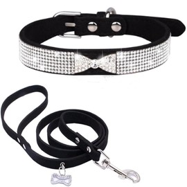 Bling Dog Collar Leash Set Small Bowtie Rhinestone Puppy Collars for Cat Girl Female Boy Kitten Crystal Diamond with Lead Kit Dogs Collar & line strap belt pulling Hot Black M