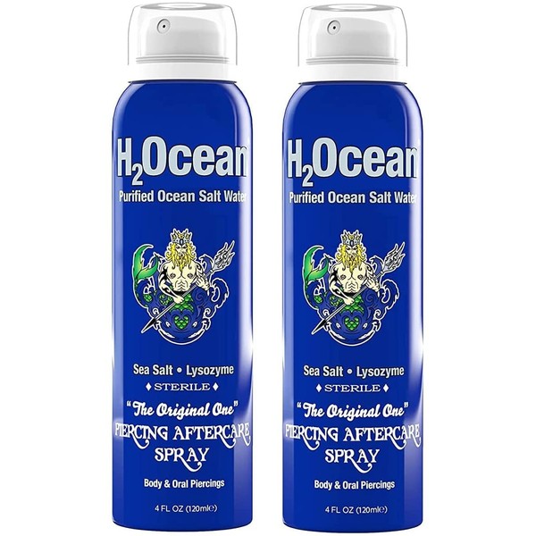 H2Ocean Piercing Aftercare Spray, 4oz Set of 2 Sea Salt Keloid & Bump Treatment, Wound Care Spray Wound Wash For Ear, Nose, Naval, Oral Body Piercings