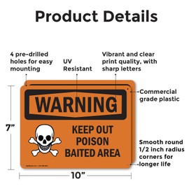 (2 Pack) Keep Out Poison Baited Area OSHA Warning Sign 10 Inch X 7 Inch Plastic Sign, Weather Resistant, UV Protected for Workplace, Business, and Construction Site, Made in the USA