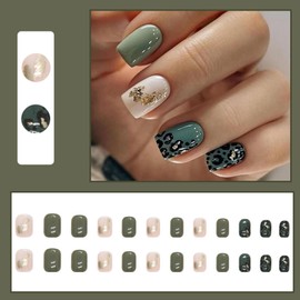 Ceboic Pack of 24 Stick-On Nails Square Short, French Glossy Green Leopard Print Press on Nails Full Cover Artificial Nails with Nail Glue Sticker, Acrylic Artificial Fingernails for Women