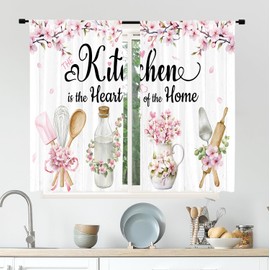 Cinbloo Rustic Pink Flower Kitchen Curtains 27.5Wx39H Inch Rod Pocket Farmhouse Wooden Sakura Floral Cafe Curtains Art Printed Kitchen Ware Short Small Living Room Bedroom Window Drapes 2 Panels