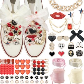DoDoBeads 93 Pcs Shoe Charms for Sneakers, Junk Sock Charm Kit with Red & Black Charms and Satin/Lace Shoelaces, Sneaker Charm for Women, Cute Shoelace Accessories, DIY Sock/Shoe Decorations