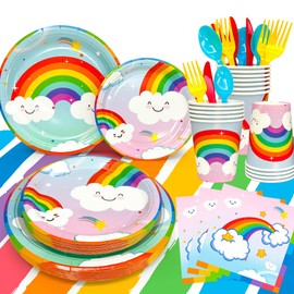 Rainbow Birthday Party Supplies, 141pcs Rainbow Plates and Napkins Party Supplies Pastel Rainbow Party Plates Cups Napkins Table Cloths etc Rainbow Birthday Tableware for Girls Birthday, Serves 20