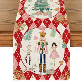 Artoid Mode Red Diamond Plaid Nutcracker Snowflake Christmas Table Runner, Winter Kitchen Dining Table Decoration for Home Party Decor 13x72 Inch