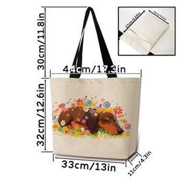 ZhuVantrix Floral Dachshund Tote Bag Reusable Grocery Bags Aesthetic Shopping Shoulder Handbag with Interior Zipper Pocket Stylish Floral Dachshund Present for Dog Lovers Women