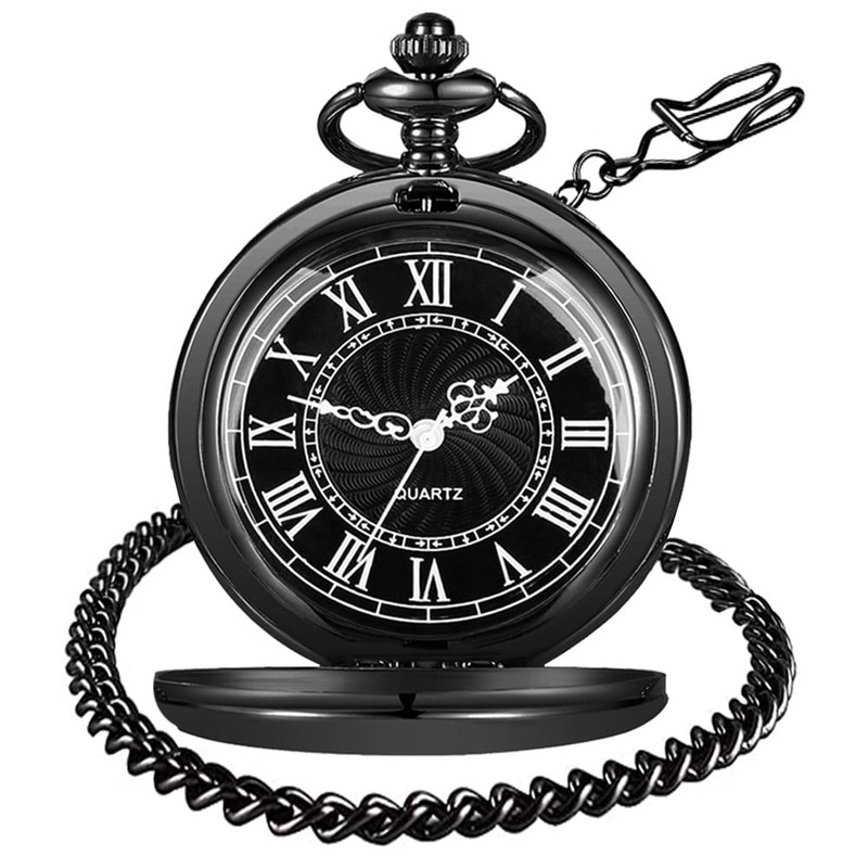 Tiong Vintage Pocket Watch with Chain Steel Smooth Quartz Men