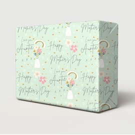 2 Sheets 2 Tags Mother's Day Green Flower Vase Love You Auntie Design Wrapping Paper White And Gold Hearts Auntie Gift Wrap (PA)