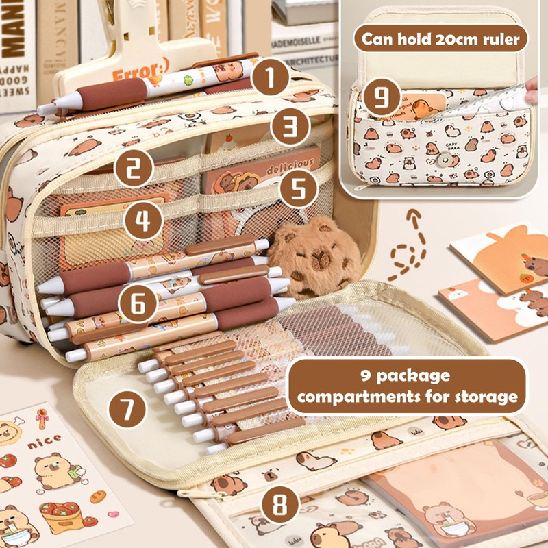 Capybara Pencil Case Multi-Layer School Set with Keychain, Stickers, Brooch,