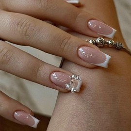 24pcs French Fake Nail Tips - Square French Stick on Nails with Transparent Bow - Press on Nails Removable Glue-on Nail - Full Cover Fake Nails Nail Art Accessories