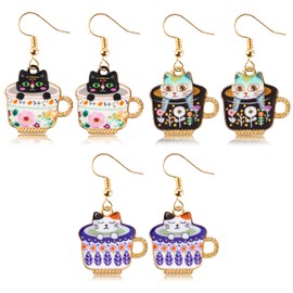 BeYumi 3Pairs Dangling Cat Earrings Kawaii Aesthetic Funny Cartoon Kitten Floral Teacup Alloy Drop Dangle Earrings With Hypoallergenic French Hook Animals Lover Gifts Party Favors for Kids Girls Women