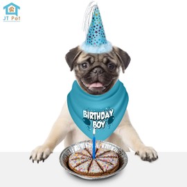 JT PET Dog Birthday Boy Party Pack with Bandana, Star Spangled Party Hat with Adjustable Elastic, Tassels and Feathery Trim, and Vegan Birthday Pie, Small