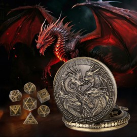 Mini DND Dice Set, Steampunk Retro Five Dragon Heads Pocket Watch Shell Case, DND Starter Set, 7pcs Polyhedral Metal Dice Set, D&D Gifts with Gift Box, Role Playing Board Game Accessories, Bronze