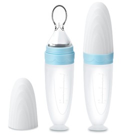 Sodee Alimentador de alimentos para bebés, Alimentador de cuchara de silicona para dispensar y alimentar alimentos infantiles, 90ML (Azul-2 Piezas)