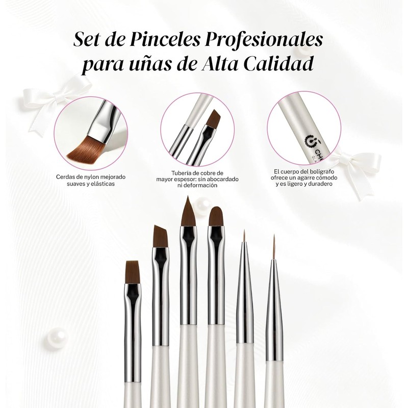 CHERIMOYA Kit 6 Pinceles Nail Art Perla Blanca