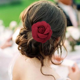 Inateannal Vintage Red Flower Hair Clip Headpiece Fabric Camellia Brooch Red Large Flower Hair Pins Camellia Flower Brooch Pin Floral Barrette Headpiece Clip Two Way Jewelry for Women