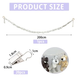 2M Hanging Stuffed Toy Holder with 20 Metal Clips, Cuddly Toy Storage, Soft Toy Storage, Bohemian Style Storage, Cuddly Toys for Decoration, for Hanging Hats, Christmas Cards