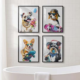 Framed Funny Bathroom Wall Art, Set of 4 Fun Pet Dog Prints Painting Artwork for Walls, Cute Puppy Bulldog Beagle Corgi Yorkie Listening Music Blowing Bubbles Picture for Bedroom Nursery Baby Kids Room Wall Decor