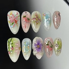 30Pcs Flower Press on Nails Medium Almond Fake Nails with Rhinestones Designs 3D Colorful Flower Strawberry False Nails Glossy Full Cover Glue on Nails Cute False Nails for Women Girls DIY Nail Art