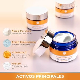 MIST JEWEL Crema de Día Facial con FPS 30, Ácido Hialuronico, Ferúlico y Vitamina C | Crema hidratante y protectora de cuidado facial para uso diurno skin care hombre y mujer. Todo tipo de piel 50g