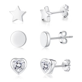 Loutade Silver Studs Earrings for Women, 3 Pairs 925 Sterling Silver Stud Earrings Set, 4mm Cartilage Sleeper Round Star Heart Stud Earrings, Hypoallergenic Tiny Unisex Silver Earrings for Girls Men