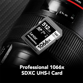 Lexar 512GB Professional 1066x SD Card, UHS-I, C10, U3, V30, Full HD, 4K, Up To 160MB/s Read SDXC Memory Card, for DSLR & Mirrorless Cameras (LSD1066512G-BNNNU)