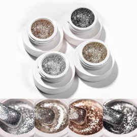 4 Colors Glitter Painting Gel for Nail Art, Silver Gold Black Painted Metal Platinum Drawing Liner Gel Nail Paint Sparkling Soak Off for DIY