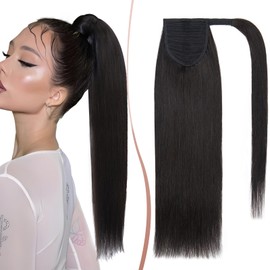 Elailite Human Hair Ponytail Extension - Straight Wrap Around Clip in Real Hair Remy Ponytail (#1B Natural Black, 14 Inch)