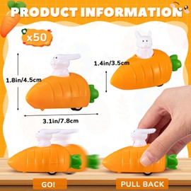 RoundFunny 50 Pcs Easter Radish Rabbit Pull Back Toy Car Easter Egg Carrot Pull Back Car Cute Plastic Bunny Party Favors Mini Easter Egg Fillers Cars for Birthday Gifts Basket Stuffers Prizes