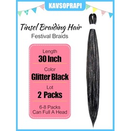 Tinsel Hair Extensions 30 inch, 2 Pack Glitter Pre Stretched Braiding Hair for Women, Girls & Kids,Long Synthetic Yaki Straight Fiber- Festive Party D
