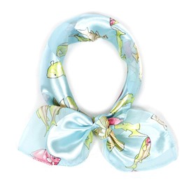 SERENITA Women Square Satin Stripe Silk Feeling Neckerchief - Head Hair Neck Scarves - 21"x21", Fish, Aqua/Lime