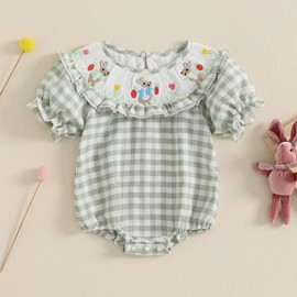 Adobabirl Baby Girl Easter Outfit Bunny Embroidery Smocked Bubble Romper Plaid Short Sleeve Bodysuit Cute Summer Clothes (Green Plaid Bunny, 0-3 Months)