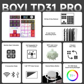 BOYI TD31Pro Mechanical Number Pad,Bluetooth5.0/2.4G/Type-C Wireless Numeric Keypad,RGB HotSwap Numpad with Screen&Knob,PBT Keycaps Rechargeable Gasket Number keypad for Working/Gaming(White-Grey)