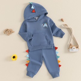 MAHUAOYIXI 2 Piece Set Toddler Boys Outfits Long Sleeve Dinosaur Print Hoodie Sweatshirts with Elastic Waist Pants Tracksuit Set for Boys Clothes (Blue, 18-24 Months)