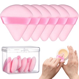 Reallnaive 6 Pcs Mini Triangle Powder Puffs, Finger Powder Puffs with Box, Soft Face Makeup Powder Puffs Reusable Makeup Puffs for Applying Loose Powder for Natural and Delicate Makeup (Pink)