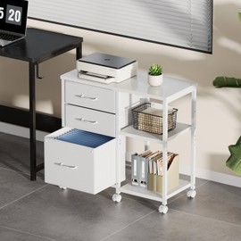 Maihail 3 Drawer File Cabinet with Wheels Rolling Printer Stand with Open Storage Shelf Fabric Lateral Filing Cabinet for Home Office,White