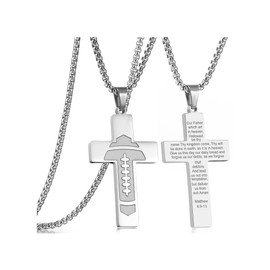 Silver Football Cross Necklace for Men Bible Verse,Religious Faith Christian Scriptures Lord's Prayer Pendant Cross Chain, Baptism 1st First Communion Gifts for Men Graduation Father's day Jewelry