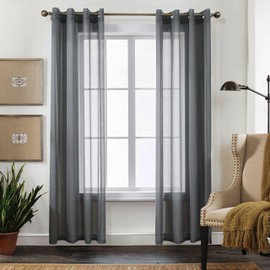 CUCRAF Transparent Decorative Curtains, Balcony Door, Voile Curtains with Eyelets, Faux Linen Look Curtain for Bedroom, Living Room, Grey, H 245 x W 140 cm, Set of 2